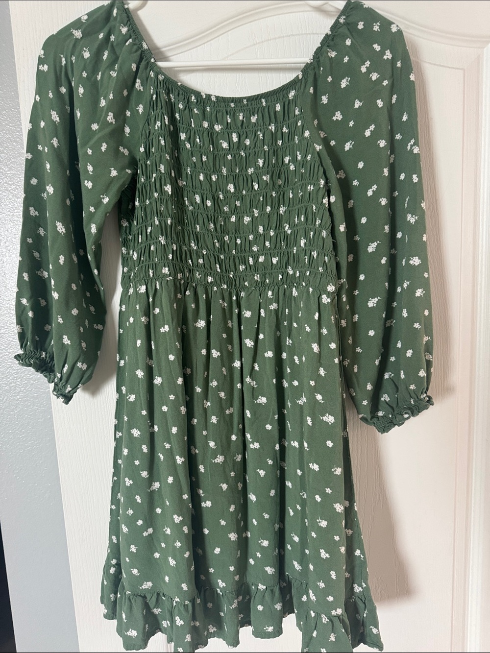 Chenault Olive Green Floral Smocked Dress with White Flowers